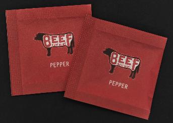 นามบัตรซองพริกไทยสีแดง พิมพ์โลโก้ Beef และข้อความ PEPPER สีขาว