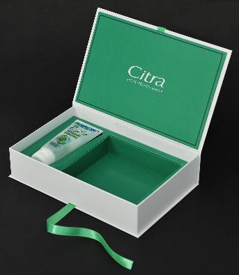 กล่องกระดาษสีขาว/เขียว พิมพ์โลโก้ Citra สีขาวที่ฝากล่องด้านใน