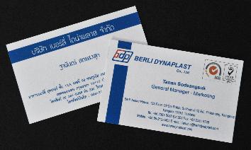 Standard size business card, 4 front colors, 1 back color (blue)