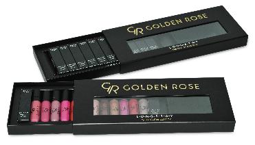 Box set L O N G S T A Y Liquid Matte Lipstick GR Golden Rose pack 12
Size box : 31.5 x 12.5 x 3 cm
Black color with matt laminate 
HOT Stamp foil LOGO