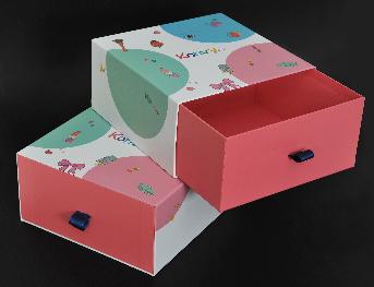กล่องลิ้นชัก กล่องนอกขนาด 25.5 x 25.5 x 12.5 ซม. ใบห่อกระดาษอาร์ต 128-130 แกรม พิมพ์ 4 สี 1 หน้า 