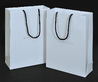 ถุงกระดาษใส่สินค้า ถุงสีขาว พิมพ์โลโก้สีดำ ร้อยหูเชือกถักเปียสีดำ 
ขนาดกางออกประมาณ 70.6 x 45.1 ซม.