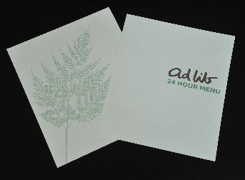 Food menu ad libs 24 hour menu,
Logo on front cover + Back cover and leaf print