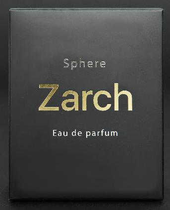 กล่องกระดาษสีดำทรงสูง ปั๊มฟอยล์สีทองโลโก้ Zarch ด้านหน้ากล่อง ปั๊มฟอยล์ชื่อกลิ่นสีเงิน