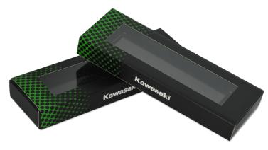 กล่องกระดาษพิมพ์ 2 สี 1 หน้า สีดำลายเขียว พิมพ์โลโก้ Kawasaki เจาะขาวด้านข้างกล่อง