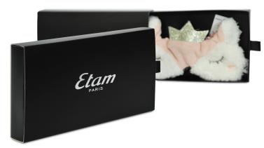 กล่องใส่สินค้าพิมพ์ตีพื้นสีดำ โลโก้ ETAM PARIS ปั๊มฟอยล์สีเงินด้าน