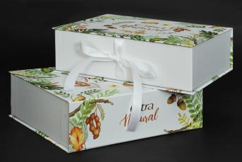 ตัวอย่างกล่องของขวัญ Gift box แบบฝาปิดด้านบนติดริบบิ้น 2 จุดผูกเป็นโบว์ไว้ด้านข้างกล่อง