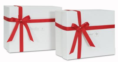 กล่องของขวัญ ขนาดสำเร็จ 12 x 15 x 6 นิ้ว ติดริบบิ้นลายเส้น ขนาด 25 มม. สีแดง เบอร์ 250 